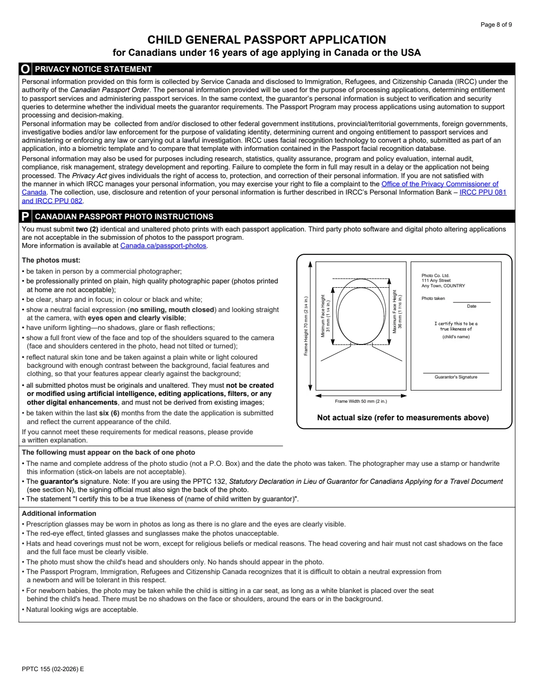 PPTC 155 (2026) Child General Passport Application (under 16 years of age) — page 8 of 9