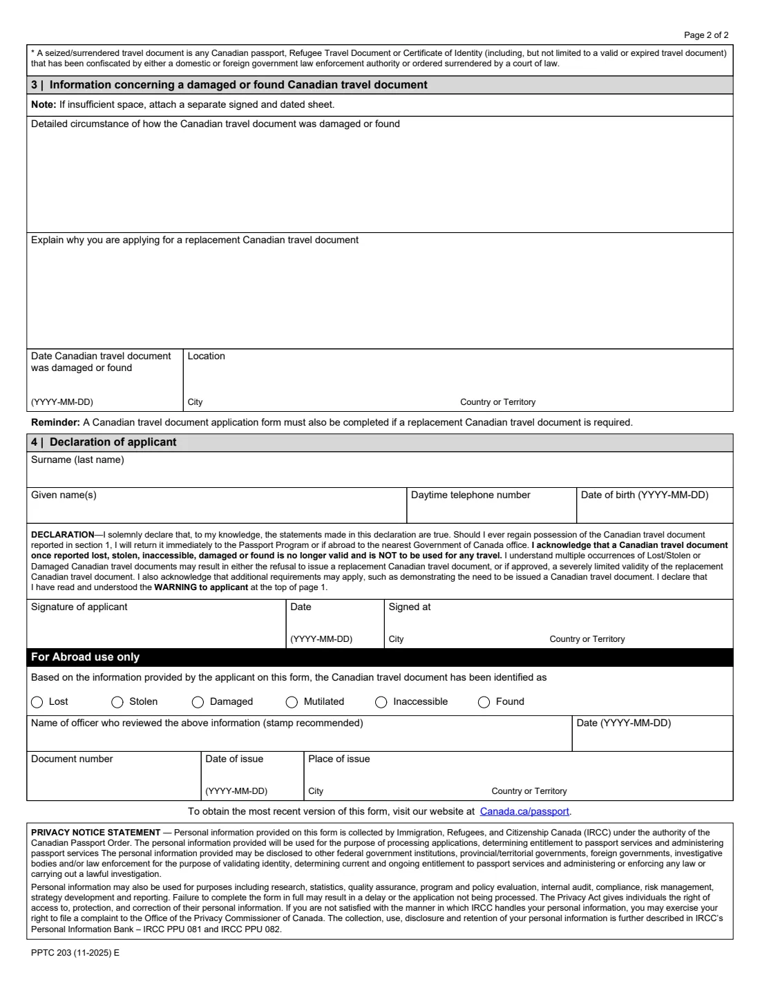 PPTC 203 (2025) Declaration Concerning a Lost, Stolen, Inaccessible, Damaged or Found Canadian Travel Document — page 2 of 2