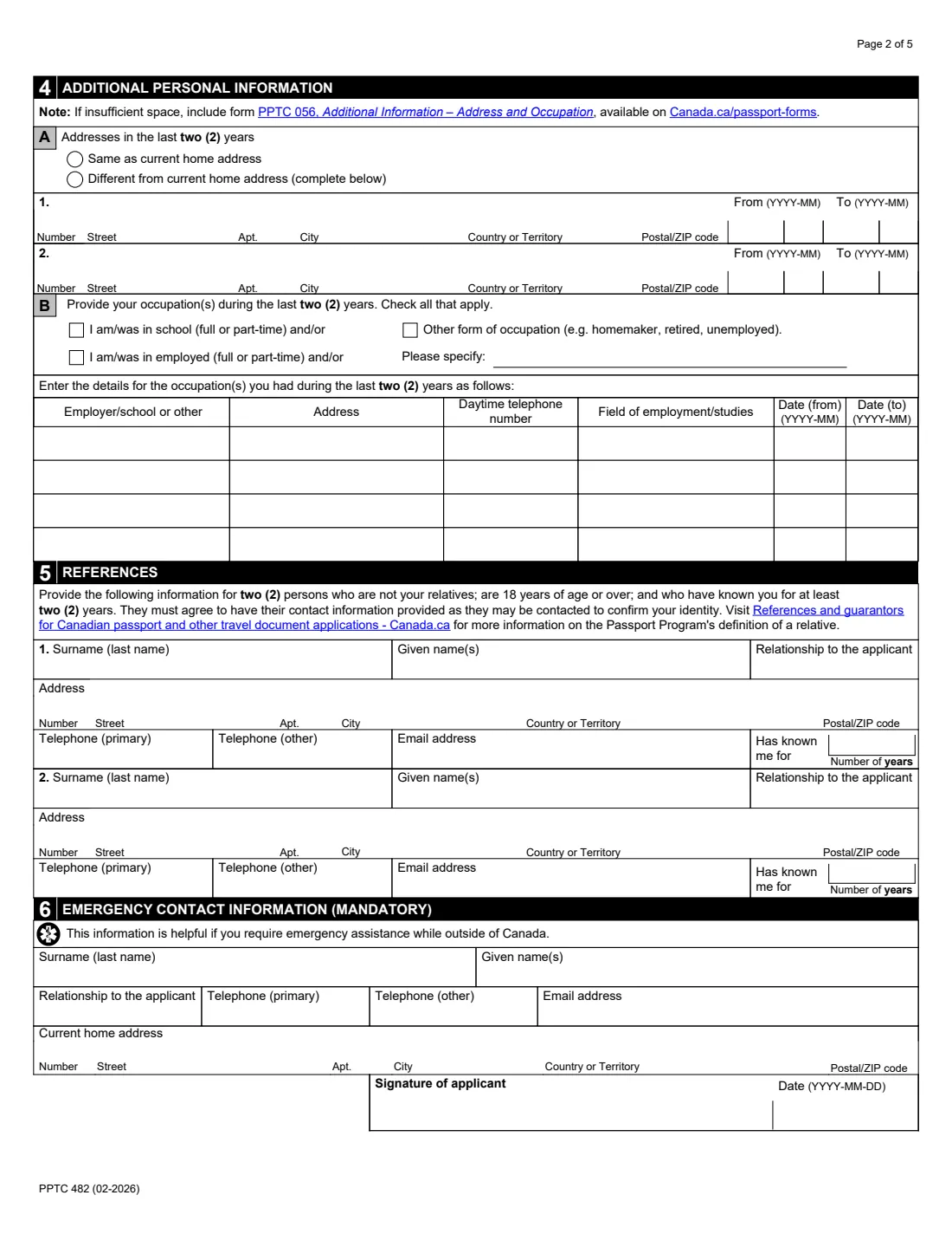 PPTC 482 (2026) Adult Abroad Simplified Renewal Passport Application — for Canadians applying outside of Canada and the USA — page 2 of 5