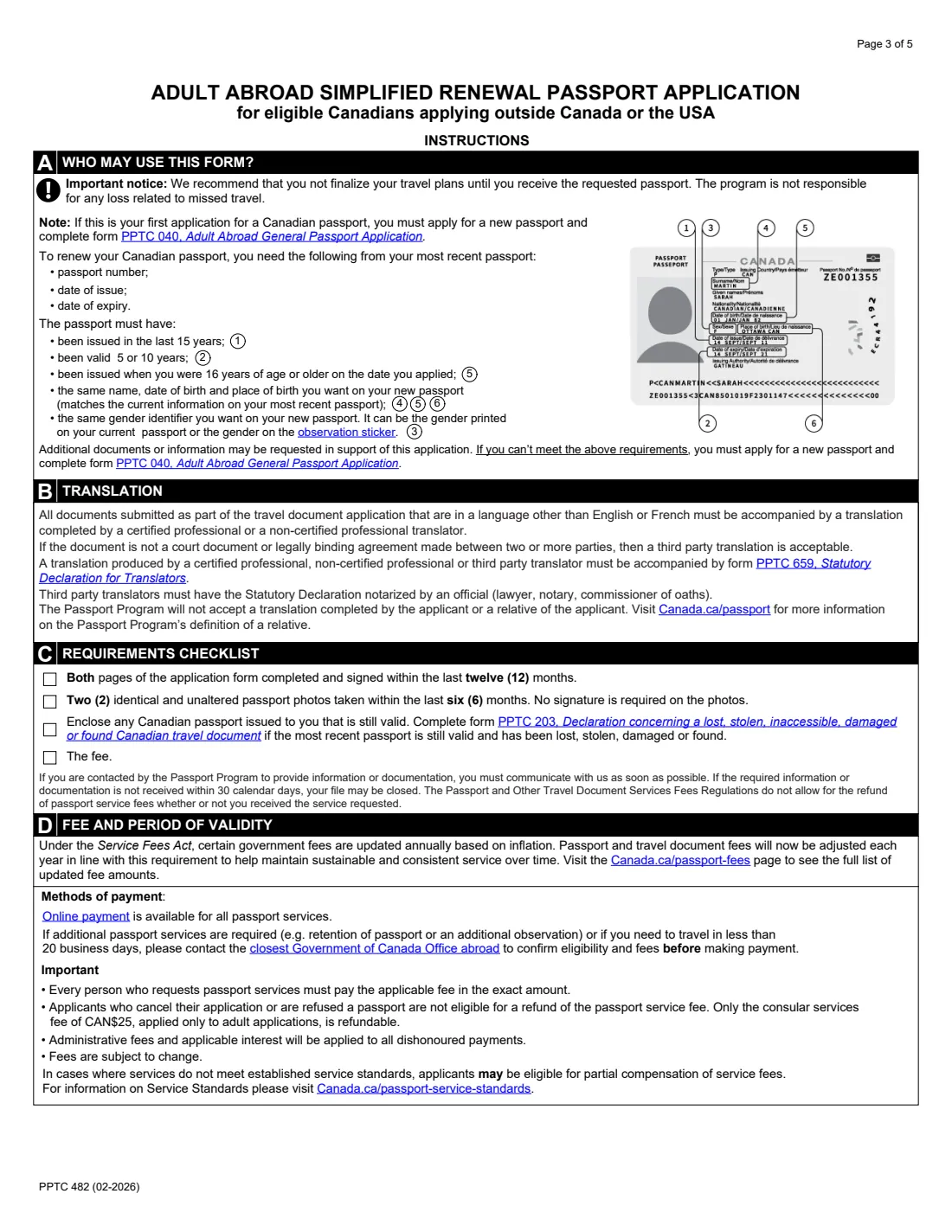 PPTC 482 (2026) Adult Abroad Simplified Renewal Passport Application — for Canadians applying outside of Canada and the USA — page 3 of 5