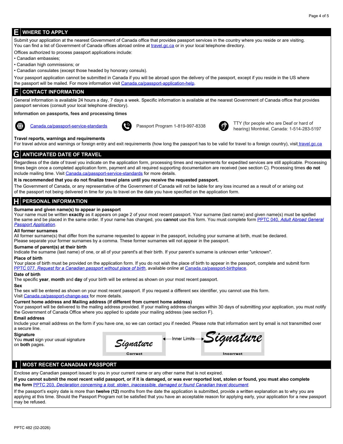 PPTC 482 (2026) Adult Abroad Simplified Renewal Passport Application — for Canadians applying outside of Canada and the USA — page 4 of 5
