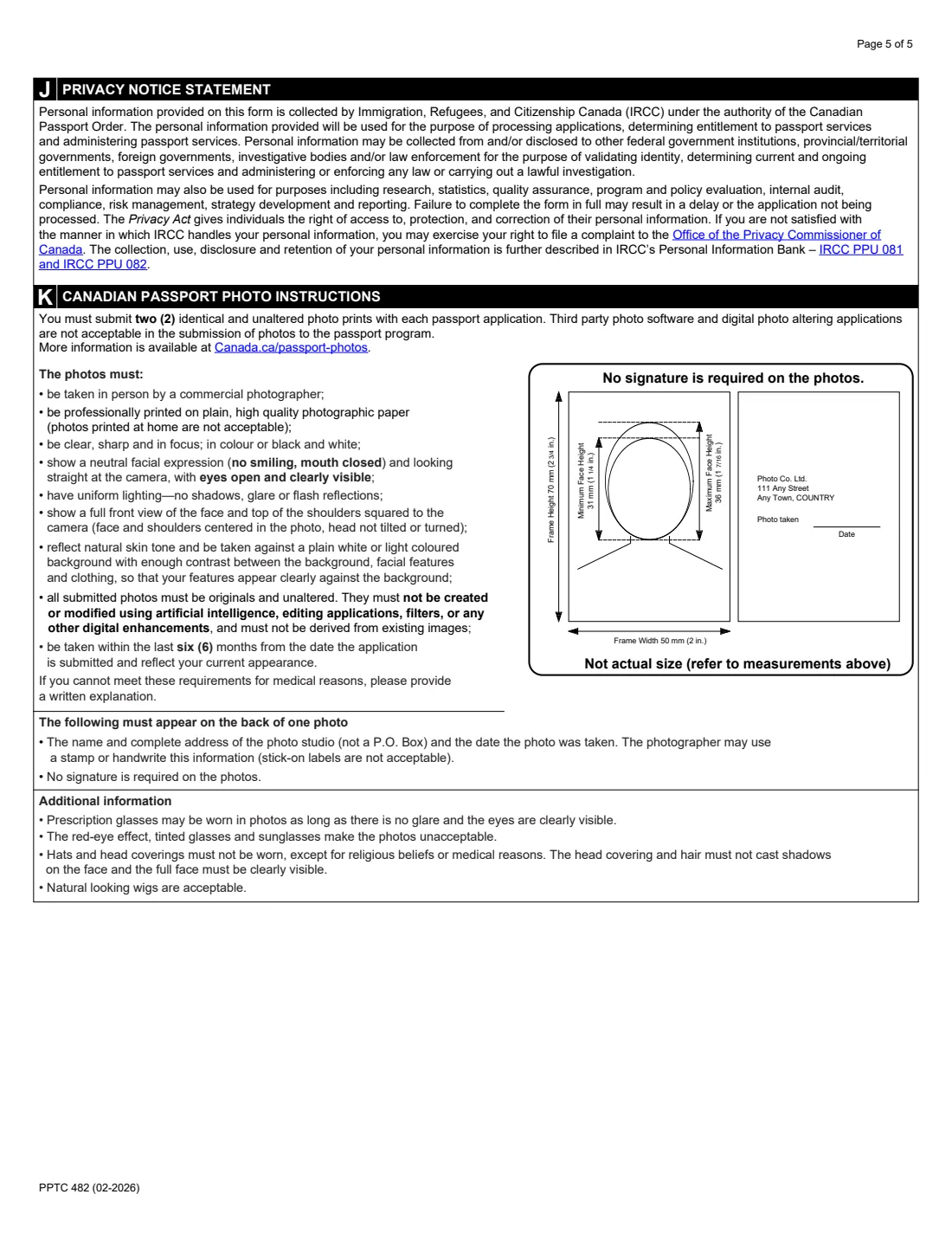 PPTC 482 (2026) Adult Abroad Simplified Renewal Passport Application — for Canadians applying outside of Canada and the USA — page 5 of 5