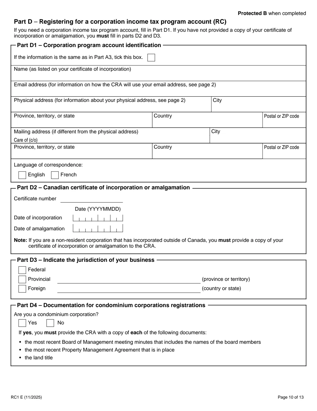 RC1 business number request (2025) Request for a Business Number and Certain Program Accounts — page 10 of 13