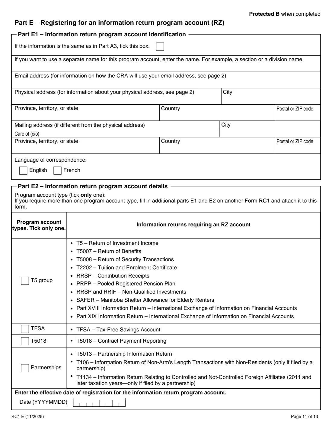 RC1 business number request (2025) Request for a Business Number and Certain Program Accounts — page 11 of 13