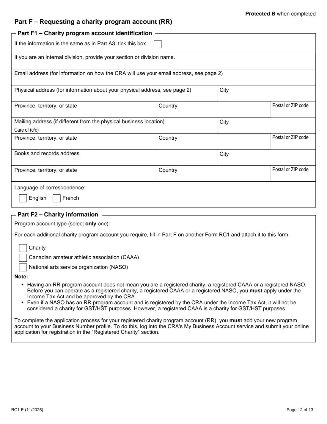 RC1 business number request (2025) Request for a Business Number and Certain Program Accounts — page 12 of 13