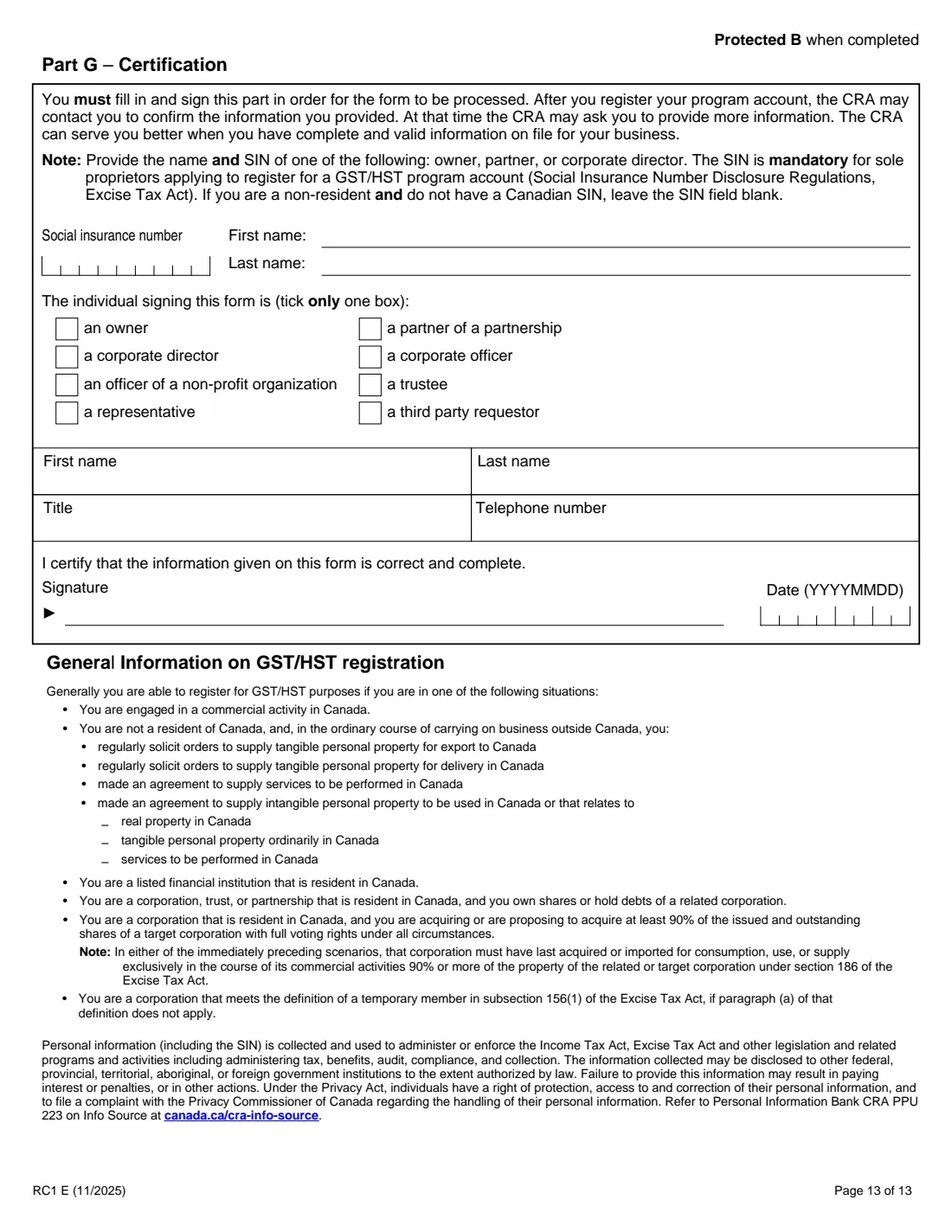 RC1 business number request (2025) Request for a Business Number and Certain Program Accounts — page 13 of 13