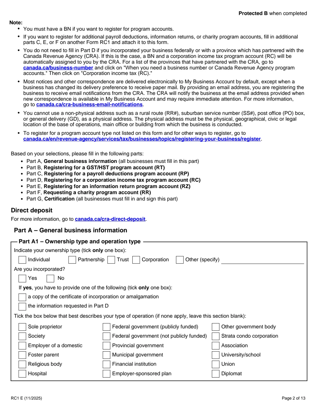 RC1 business number request (2025) Request for a Business Number and Certain Program Accounts — page 2 of 13
