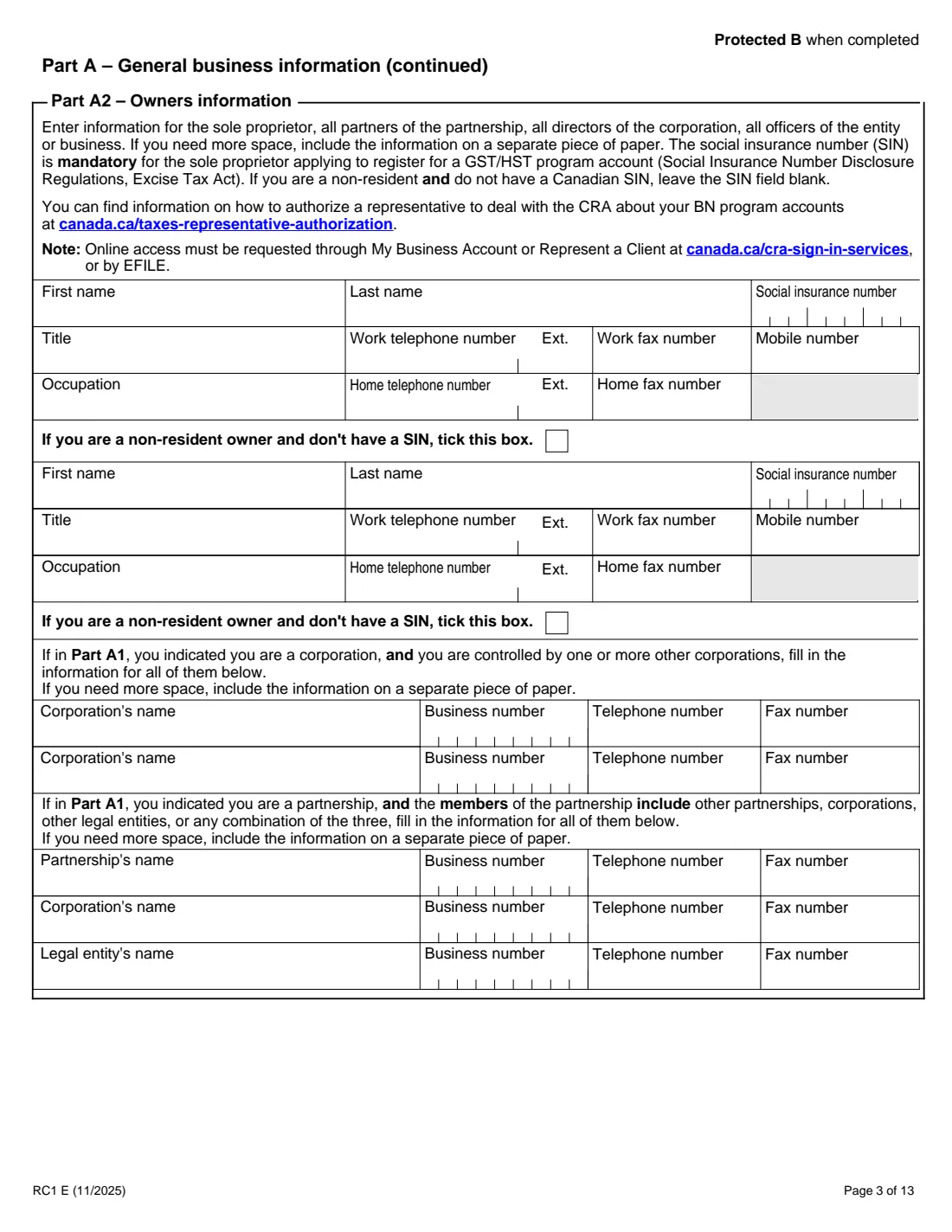RC1 business number request (2025) Request for a Business Number and Certain Program Accounts — page 3 of 13