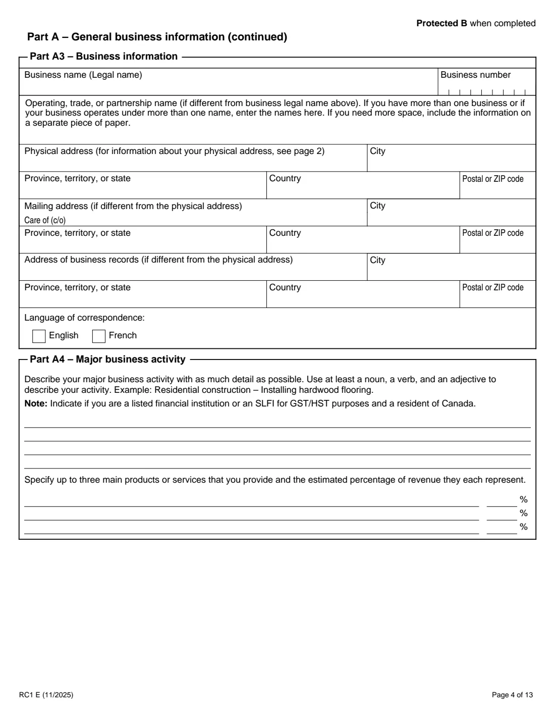 RC1 business number request (2025) Request for a Business Number and Certain Program Accounts — page 4 of 13