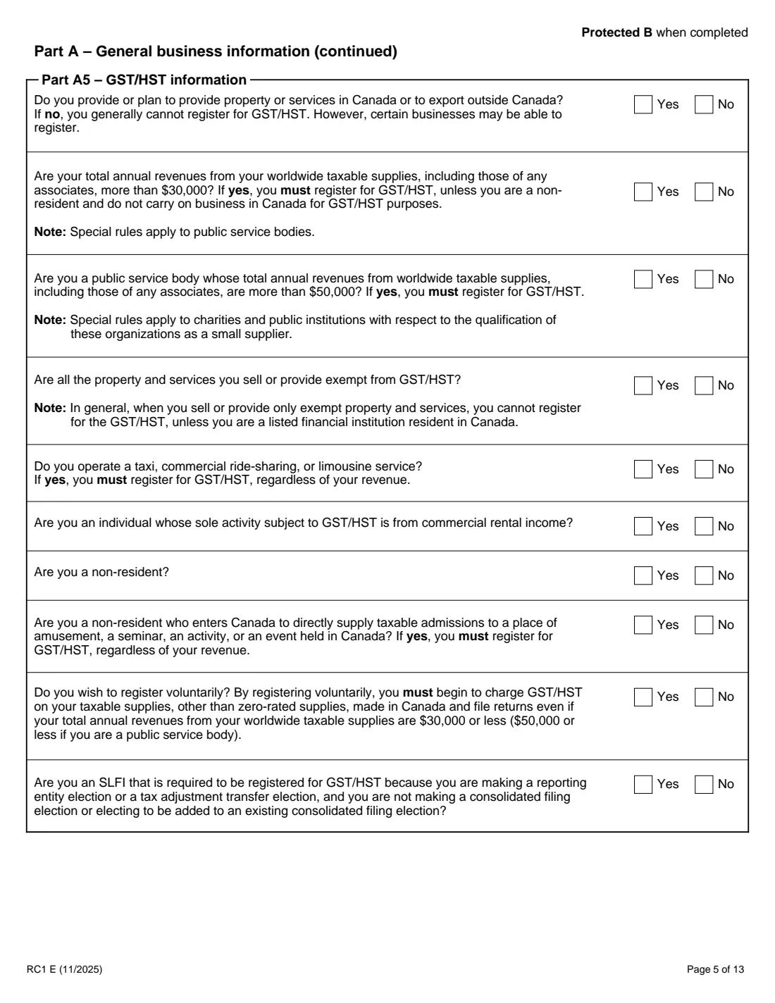 RC1 business number request (2025) Request for a Business Number and Certain Program Accounts — page 5 of 13