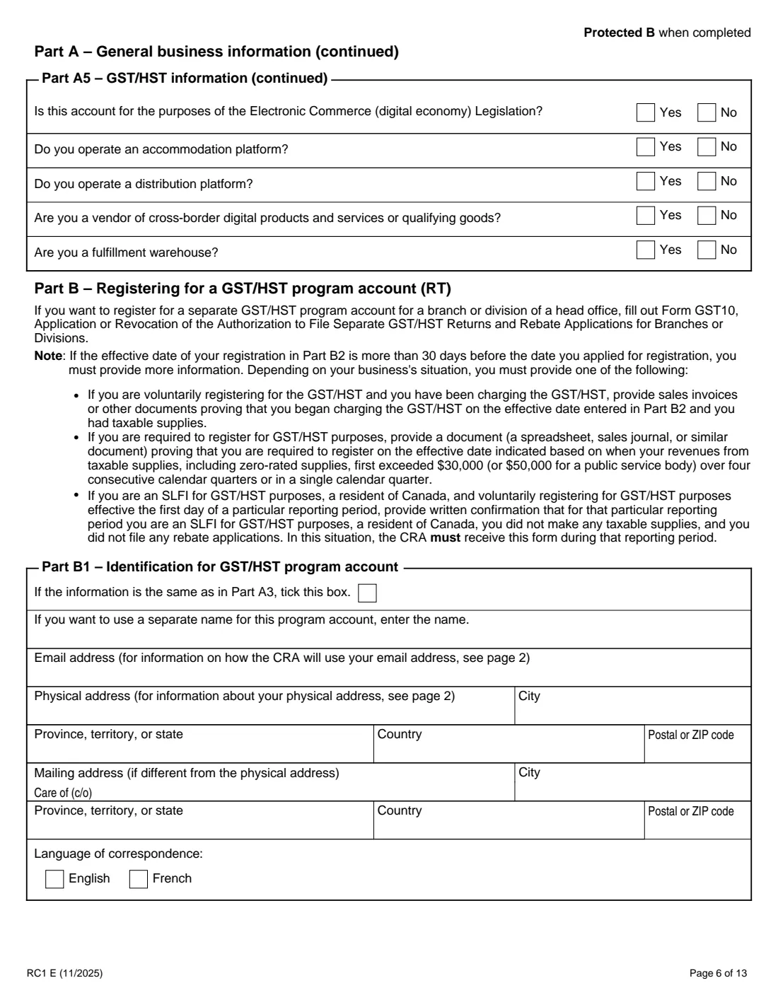 RC1 business number request (2025) Request for a Business Number and Certain Program Accounts — page 6 of 13