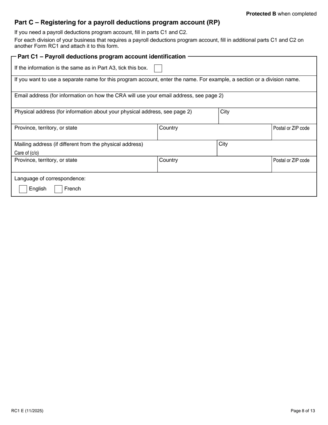 RC1 business number request (2025) Request for a Business Number and Certain Program Accounts — page 8 of 13