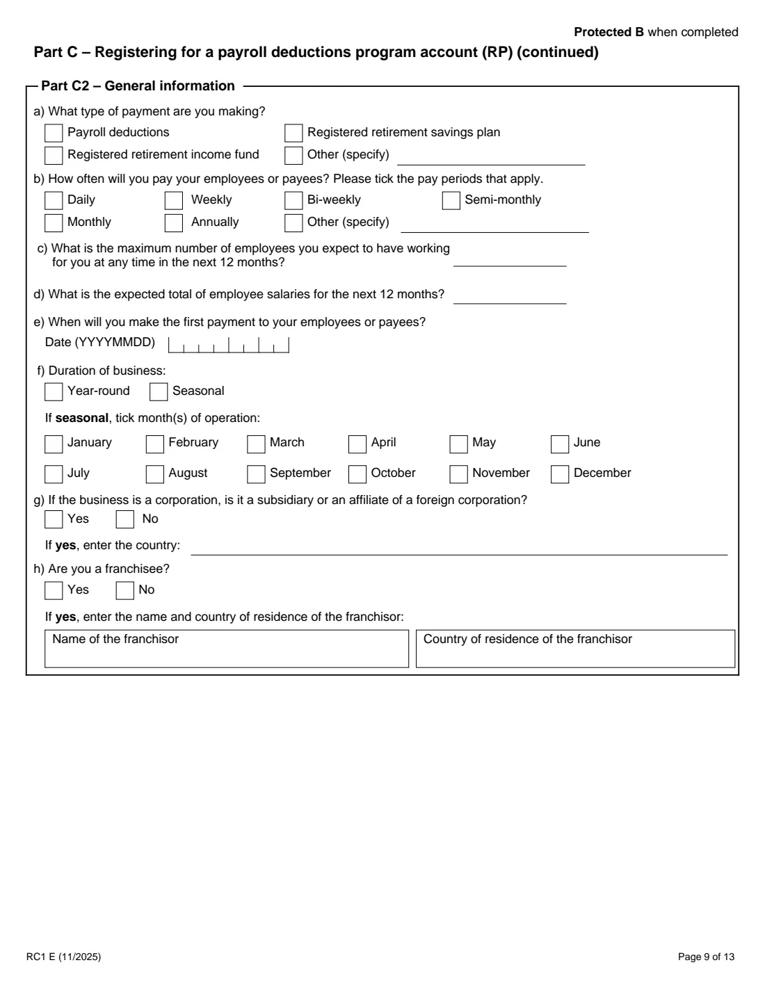 RC1 business number request (2025) Request for a Business Number and Certain Program Accounts — page 9 of 13