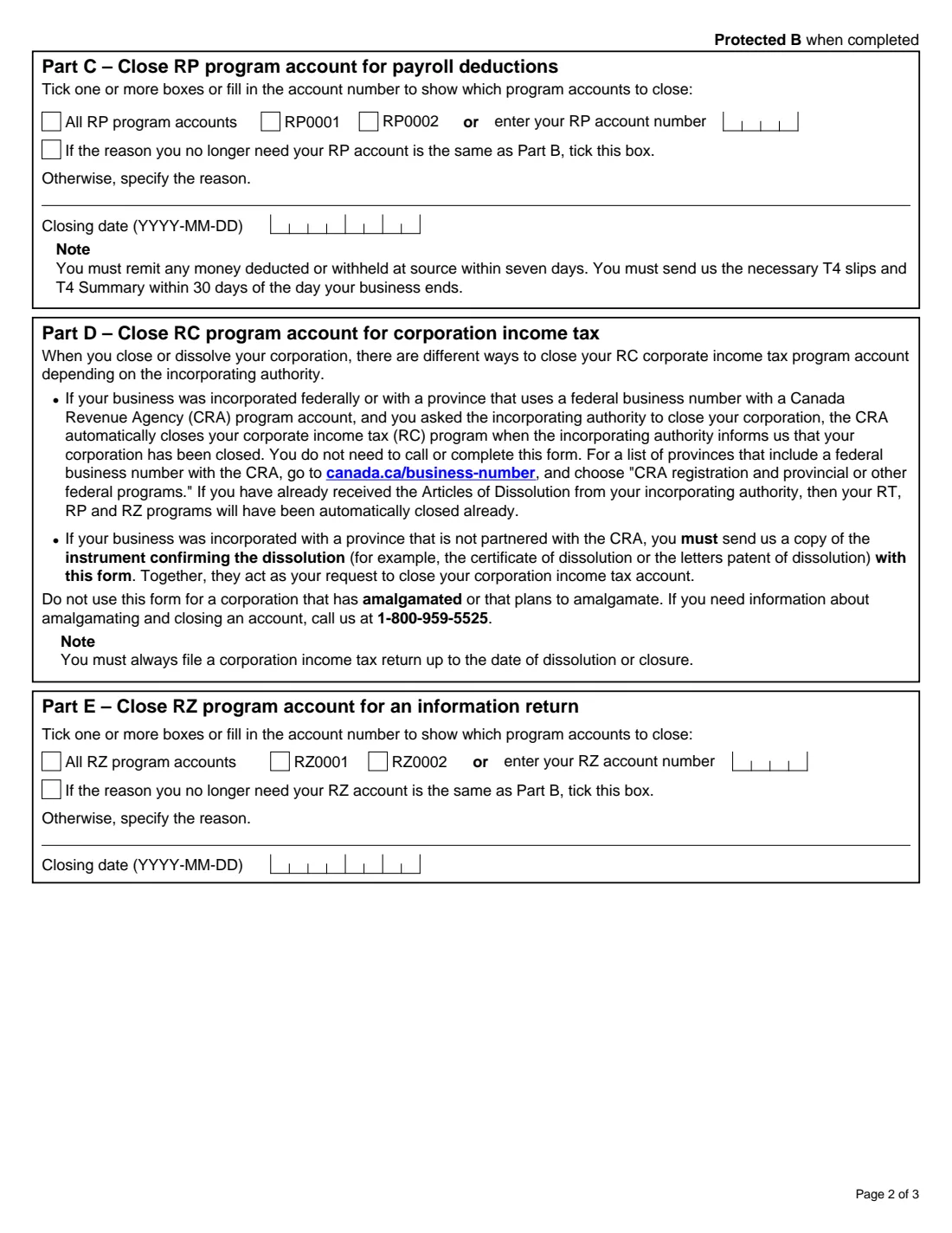RC145 (2019) Request to Close Business Number Program Accounts — page 2 of 3