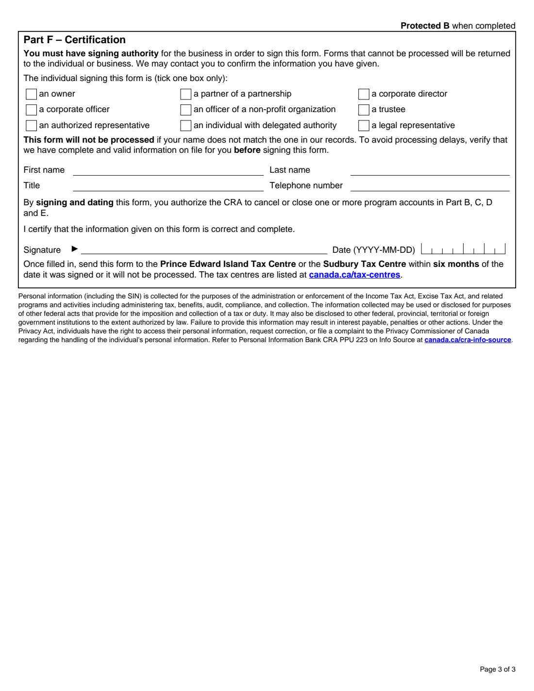 RC145 (2019) Request to Close Business Number Program Accounts — page 3 of 3