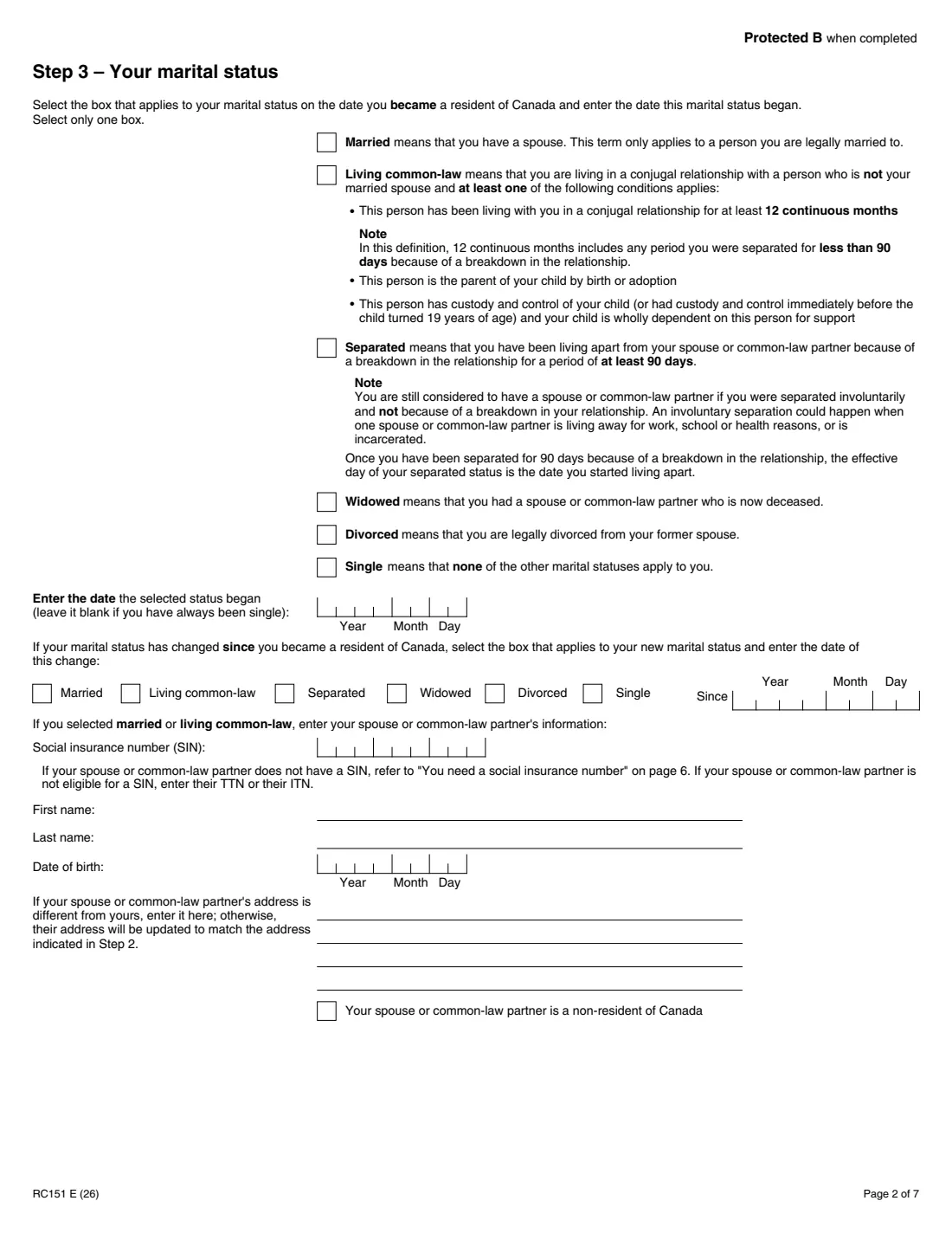 Form RC151 (2026) Canada Groceries and Essentials Benefit Application for Individuals Who Become Residents of Canada — page 2 of 7