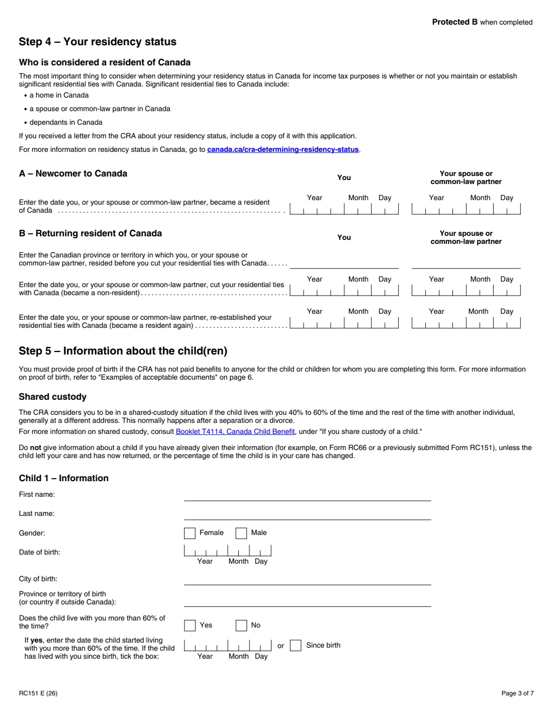 Form RC151 (2026) Canada Groceries and Essentials Benefit Application for Individuals Who Become Residents of Canada — page 3 of 7