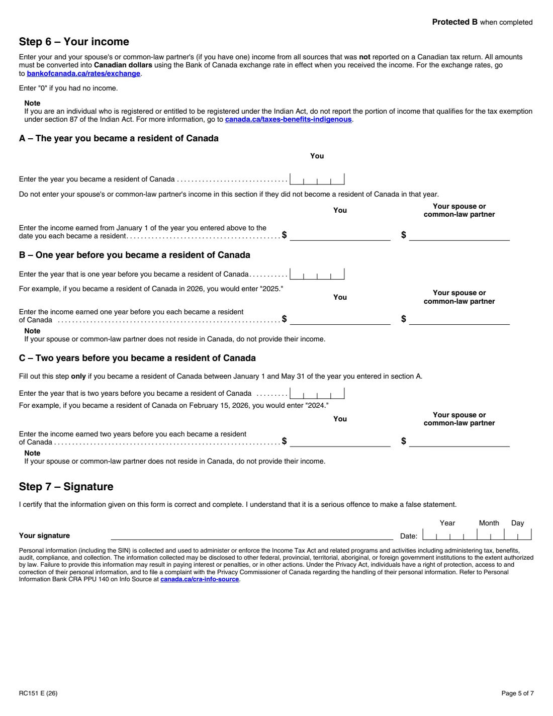 Form RC151 (2026) Canada Groceries and Essentials Benefit Application for Individuals Who Become Residents of Canada — page 5 of 7