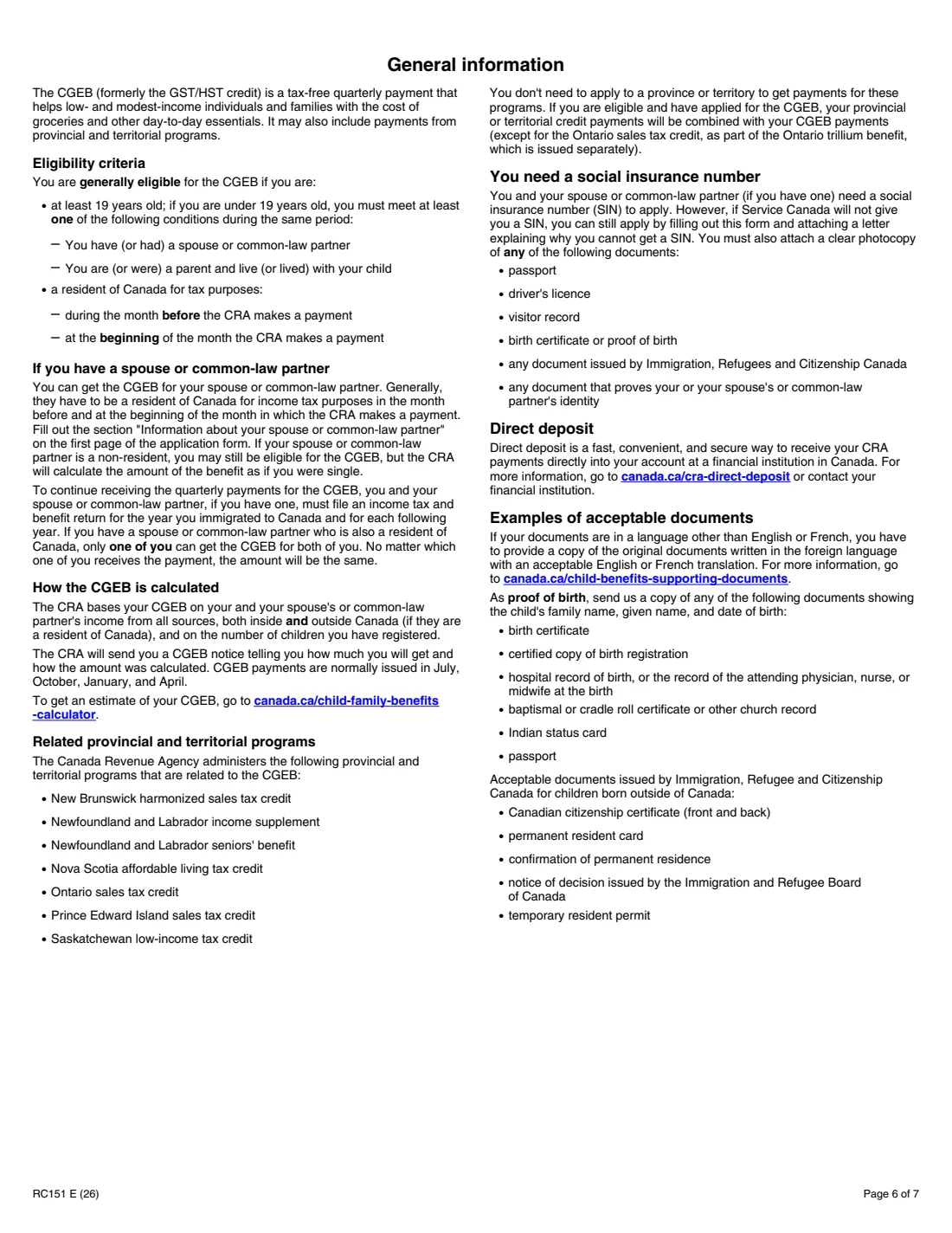 Form RC151 (2026) Canada Groceries and Essentials Benefit Application for Individuals Who Become Residents of Canada — page 6 of 7