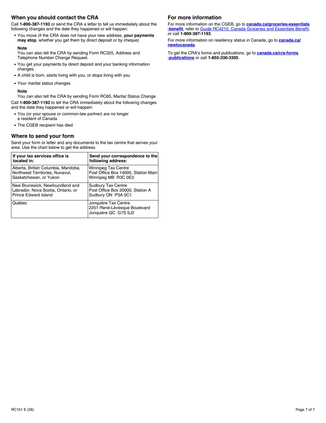 Form RC151 (2026) Canada Groceries and Essentials Benefit Application for Individuals Who Become Residents of Canada — page 7 of 7