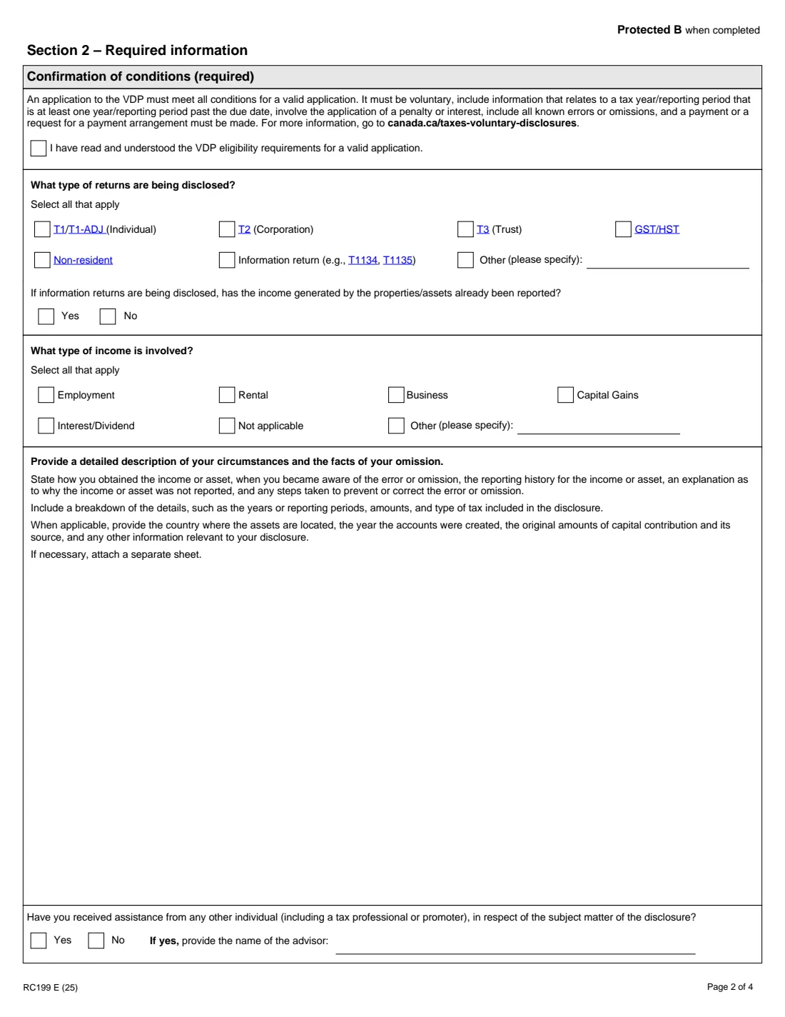 Form RC199 (2025) Voluntary Disclosures Program (VDP) Application — page 2 of 4