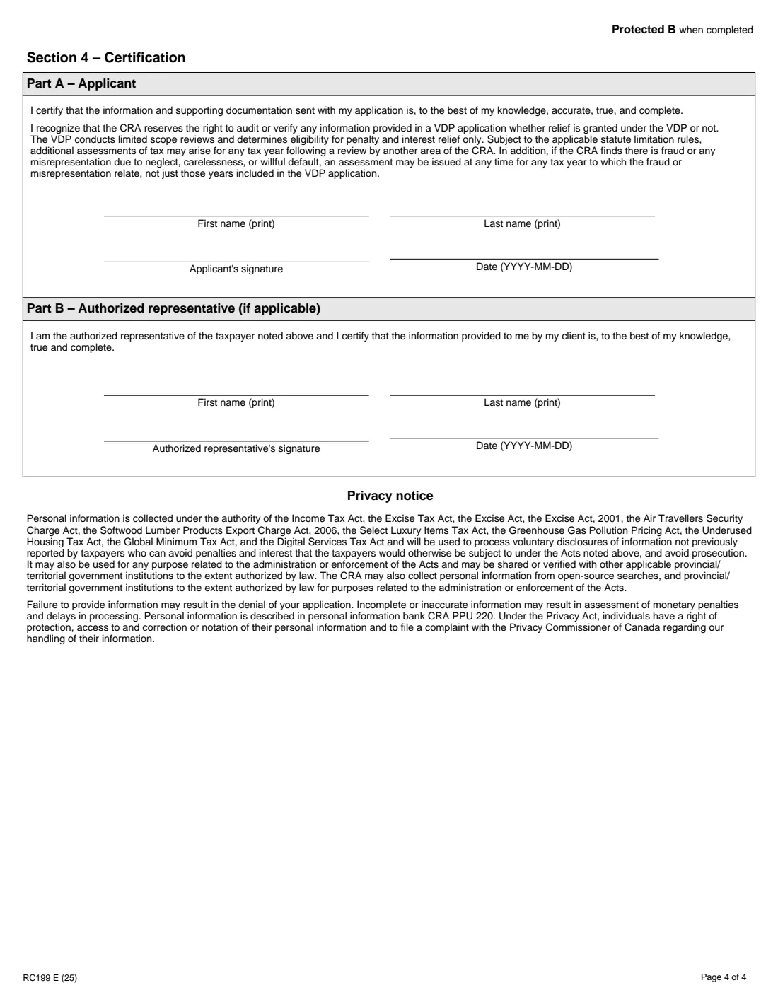 Form RC199 (2025) Voluntary Disclosures Program (VDP) Application — page 4 of 4