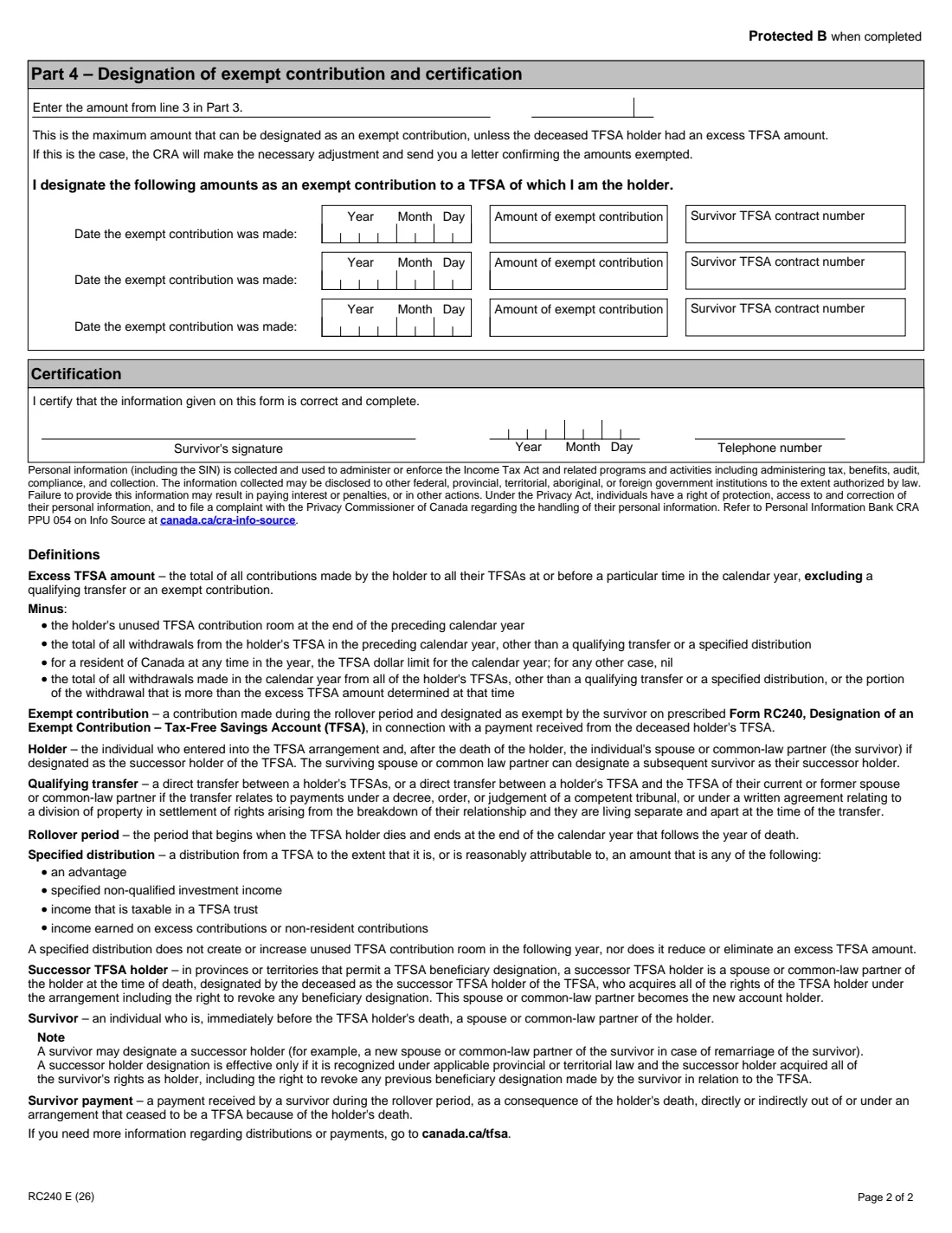 RC240 (2026) Designation of an Exempt Contribution – Tax-Free Savings Account (TFSA) — page 2 of 2