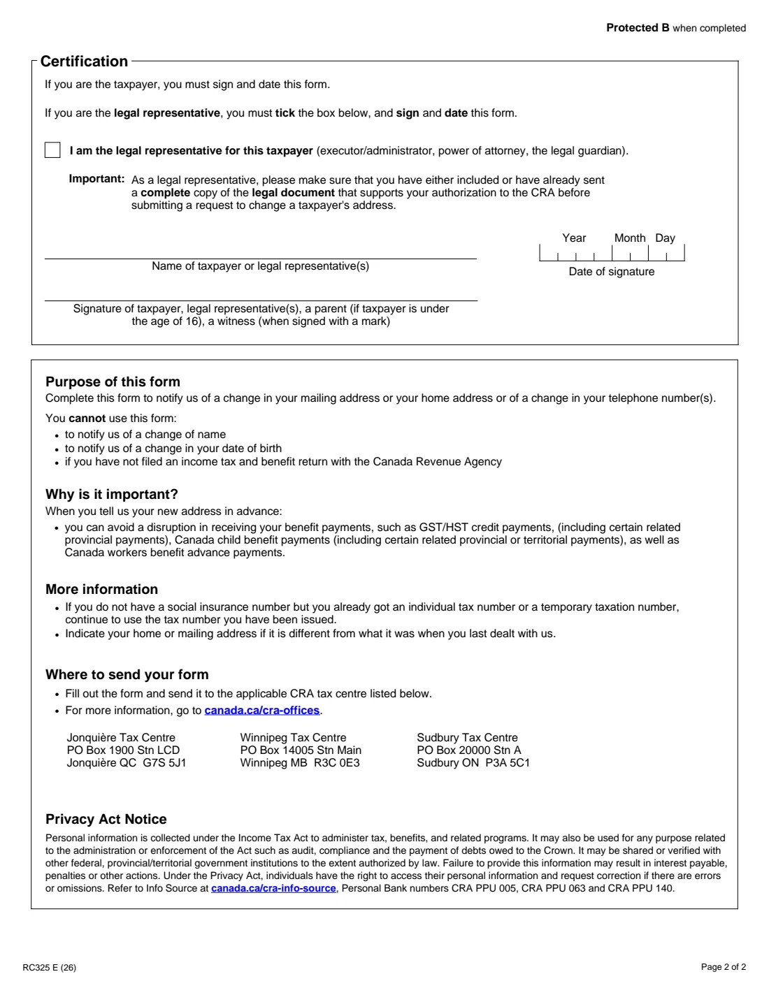 RC325 (2026) Address and Telephone Number Change Request — page 2 of 2