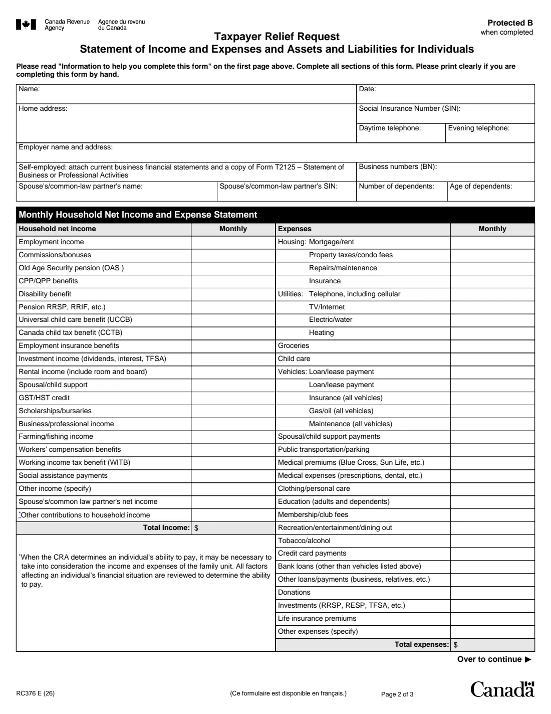 Form RC376 (2026) Taxpayer Relief Request – Statement of Income and Expenses and Assets and Liabilities for Individuals — page 2 of 3