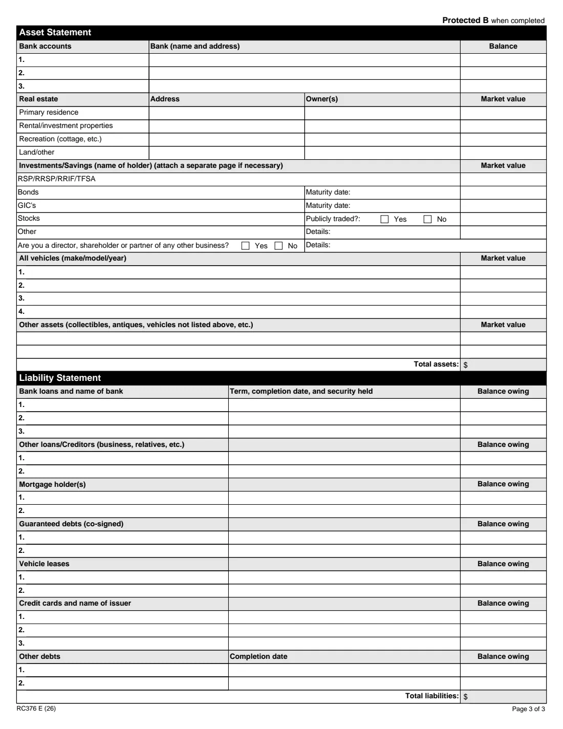 Form RC376 (2026) Taxpayer Relief Request – Statement of Income and Expenses and Assets and Liabilities for Individuals — page 3 of 3
