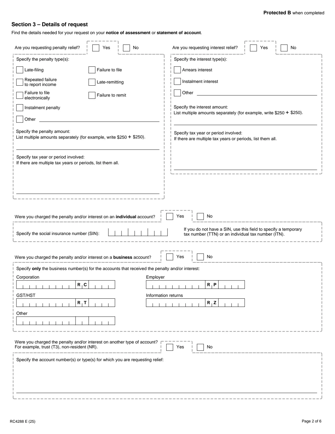 Form RC4288 (2025) Request for Taxpayer Relief – Cancel or Waive Penalties and Interest — page 2 of 6