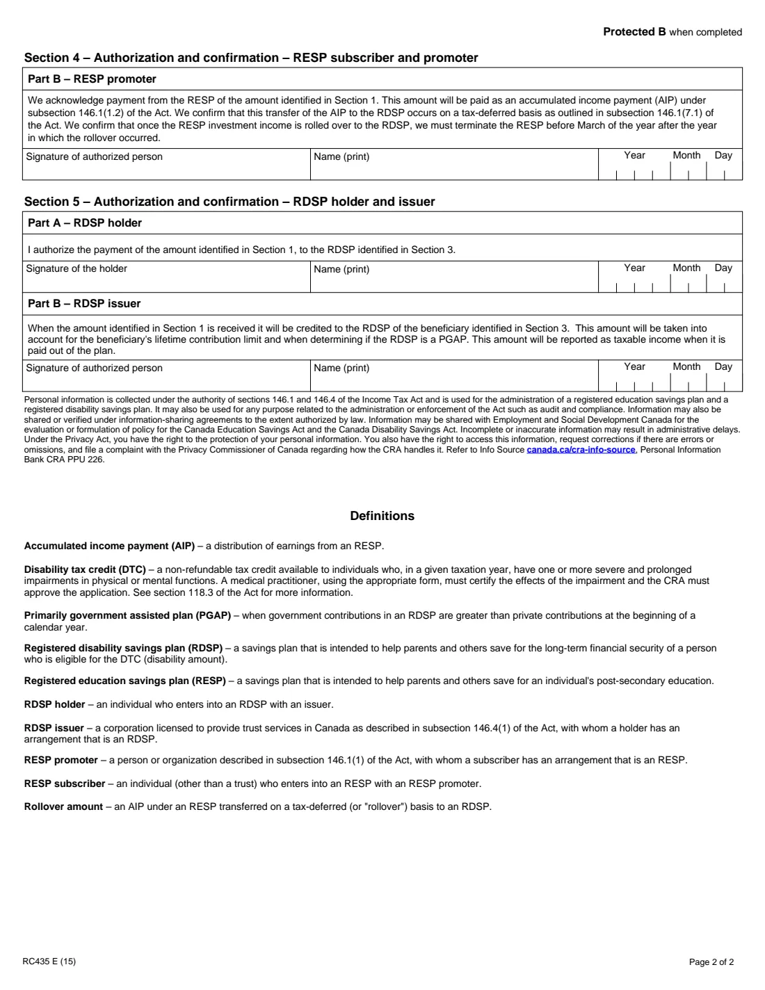 Form RC435 (2015) Rollover from a Registered Education Savings Plan to a Registered Disability Savings Plan — page 2 of 2