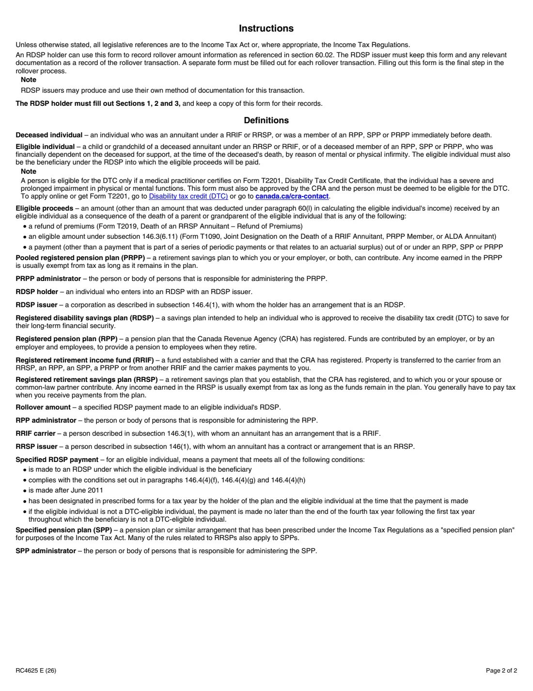 Form RC4625 (2026) Rollover to a Registered Disability Savings Plan (RDSP) under Paragraph 60(m) — page 2 of 2