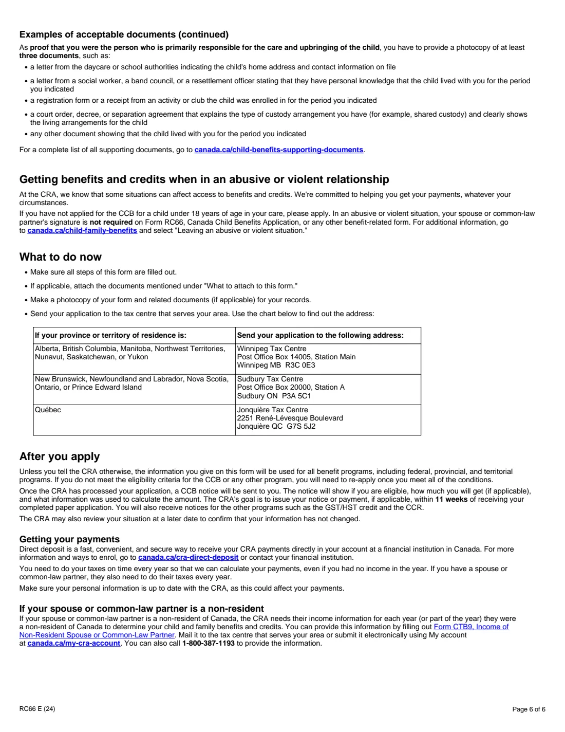 Form RC66 (2024) Canada Child Benefits Application — page 6 of 6