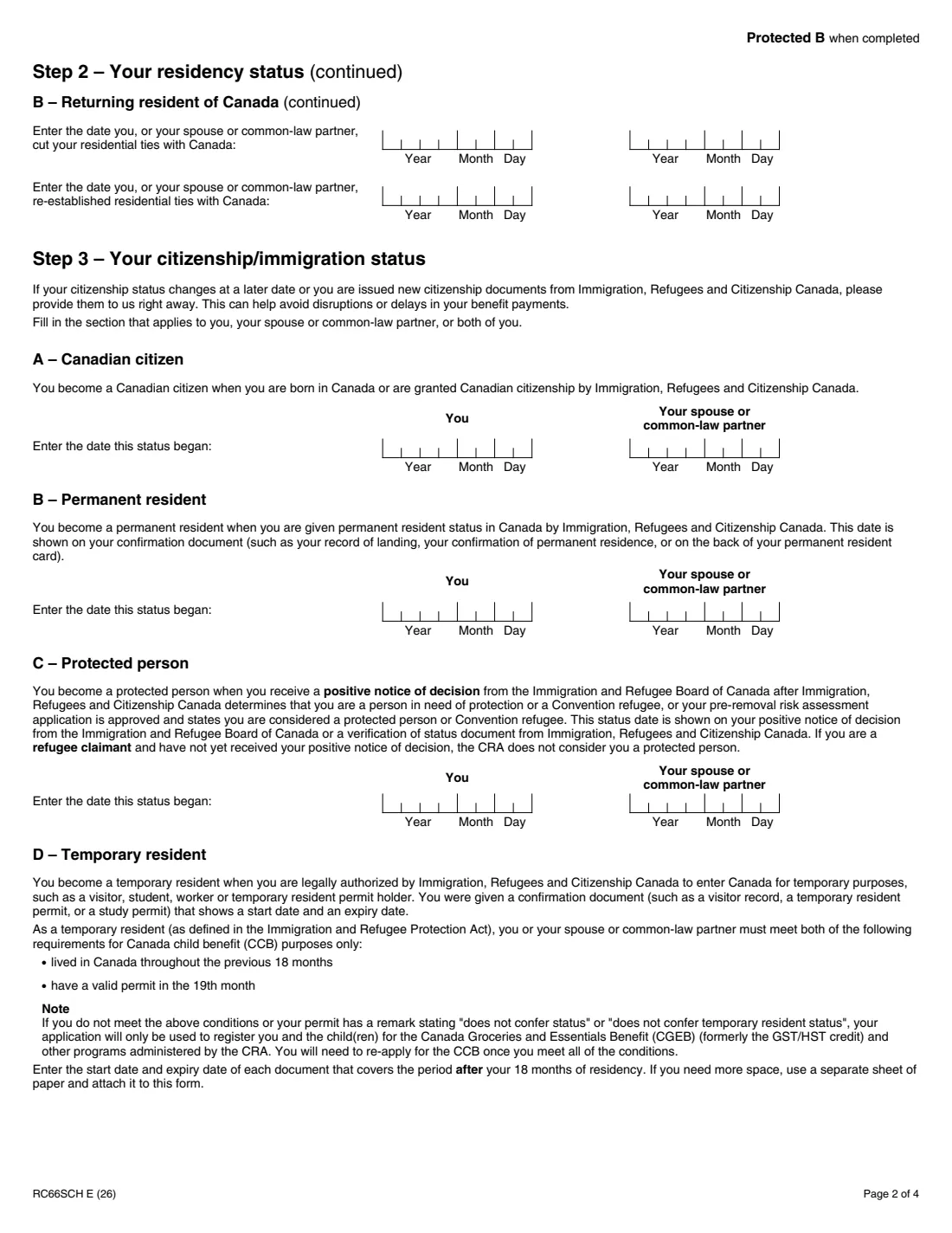RC66SCH (2026) Status in Canada and Income Information for the Canada Child Benefit Application — page 2 of 4