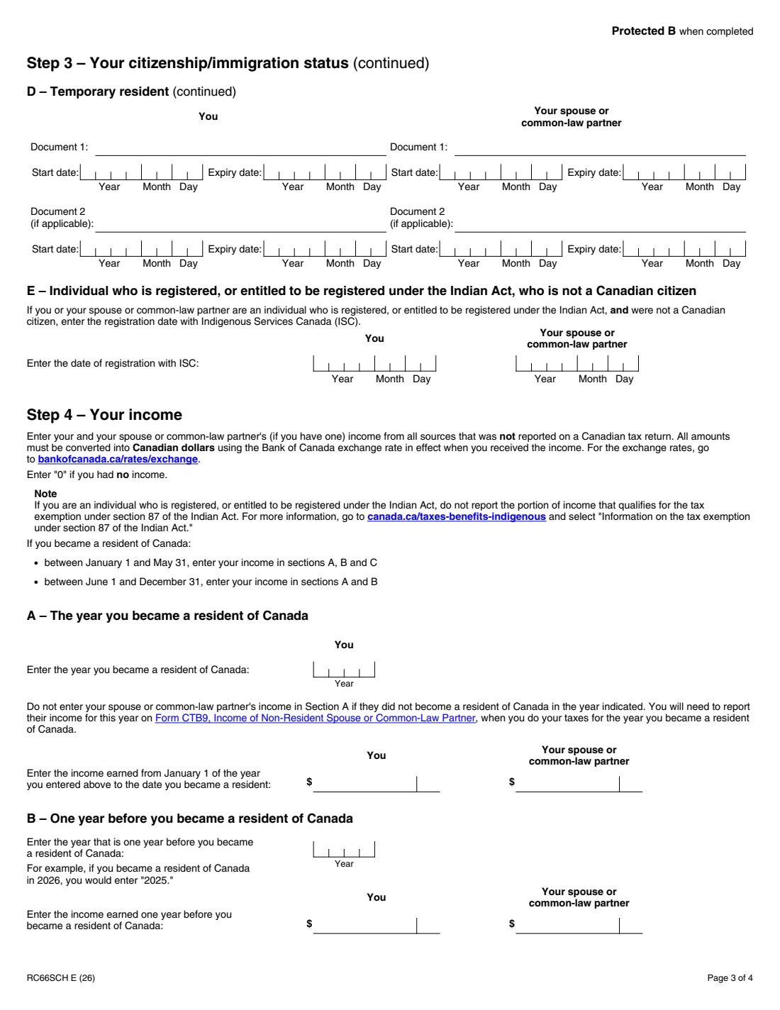 RC66SCH (2026) Status in Canada and Income Information for the Canada Child Benefit Application — page 3 of 4