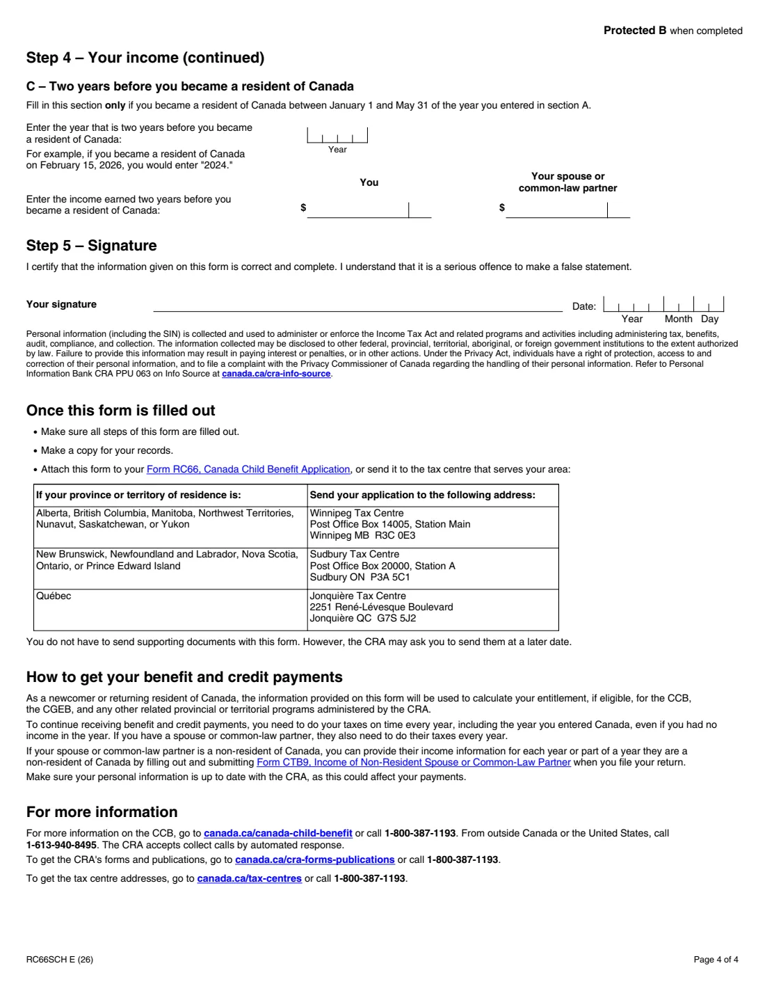 RC66SCH (2026) Status in Canada and Income Information for the Canada Child Benefit Application — page 4 of 4