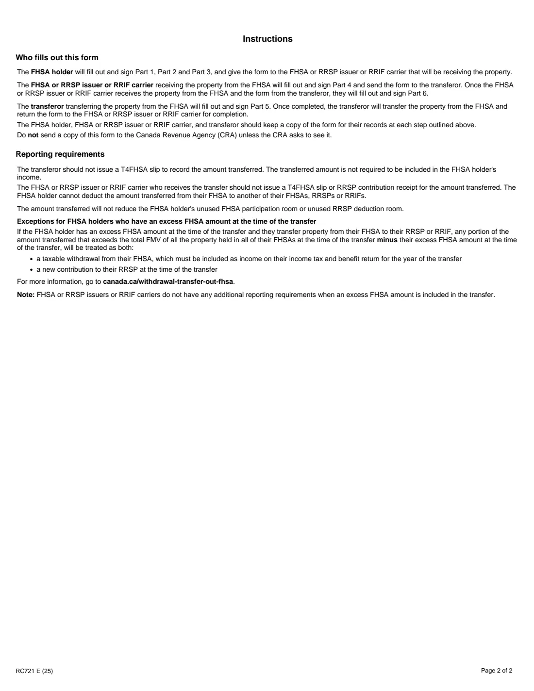 Form RC721 (2025) Transfer from your FHSA to your FHSA, RRSP or RRIF — page 2 of 2