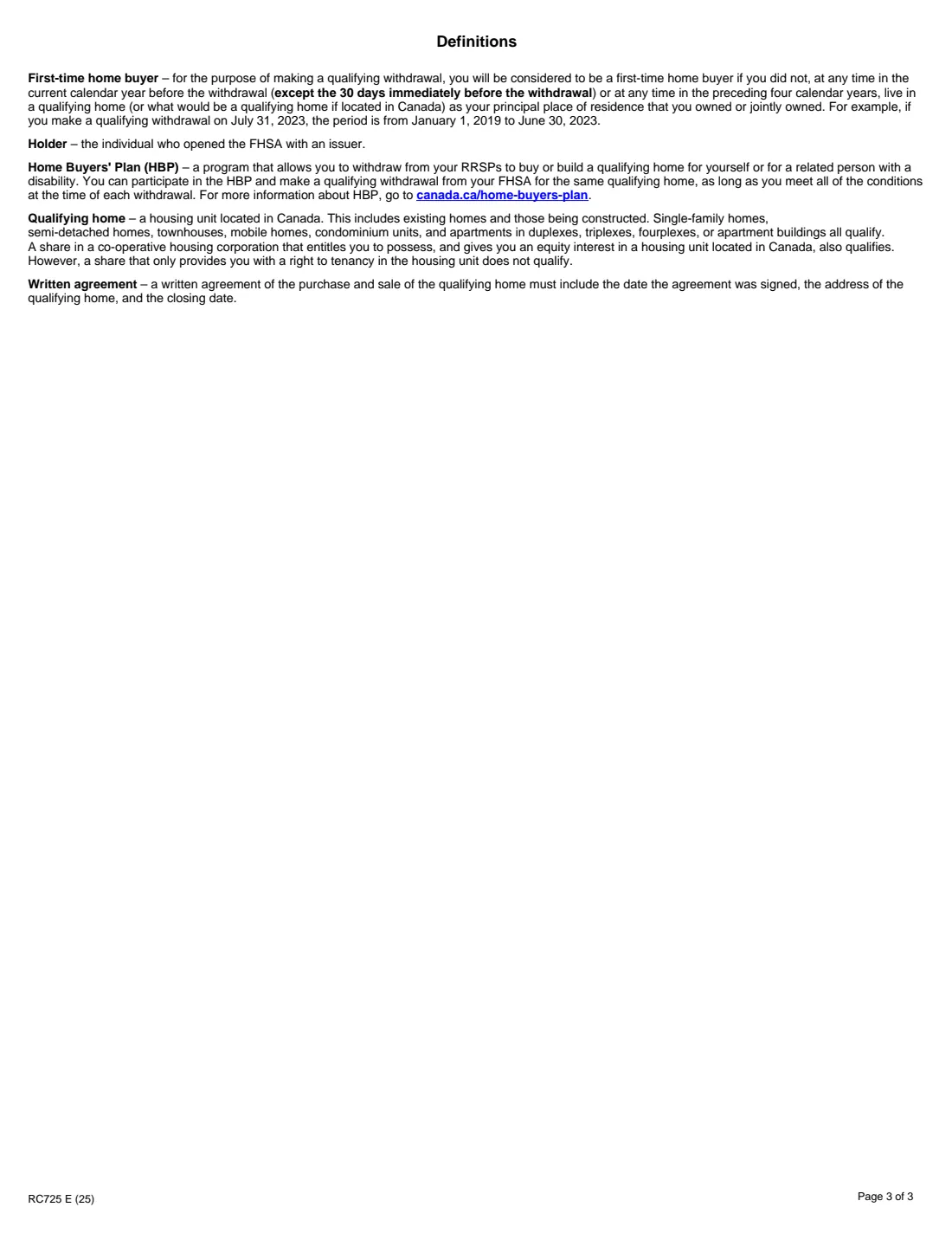 Form RC725 (2025) Request to Make a Qualifying Withdrawal from your FHSA — page 3 of 3