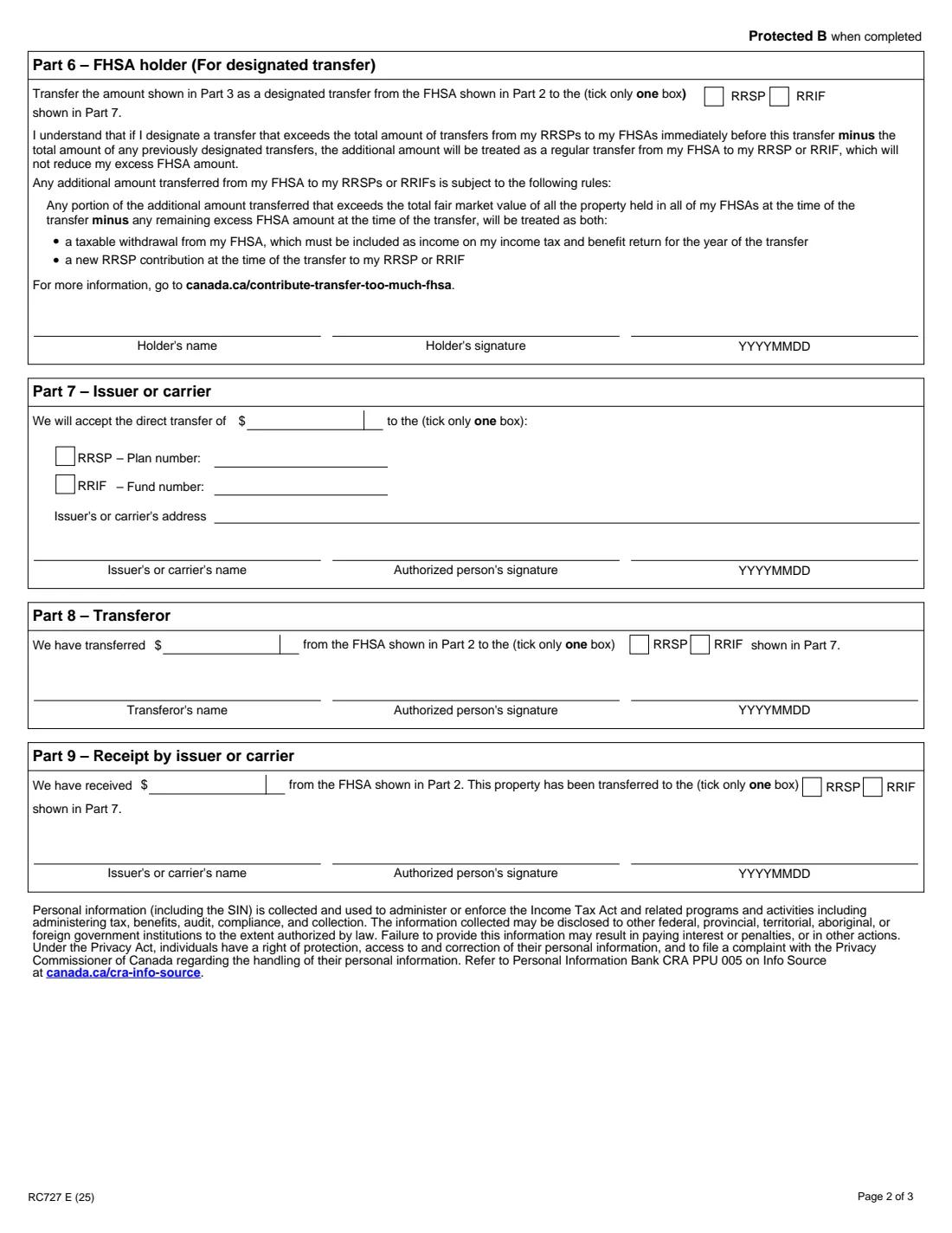 Form RC727 (2025) Designate an Excess FHSA Amount as a Withdrawal from your FHSA or as a Transfer to your RRSP or RRIF — page 2 of 3
