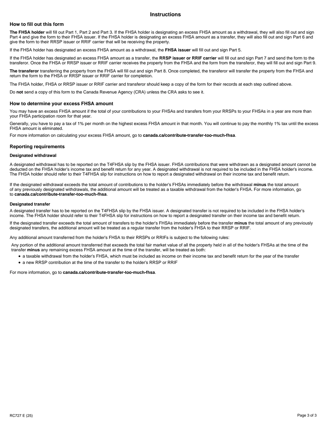 Form RC727 (2025) Designate an Excess FHSA Amount as a Withdrawal from your FHSA or as a Transfer to your RRSP or RRIF — page 3 of 3