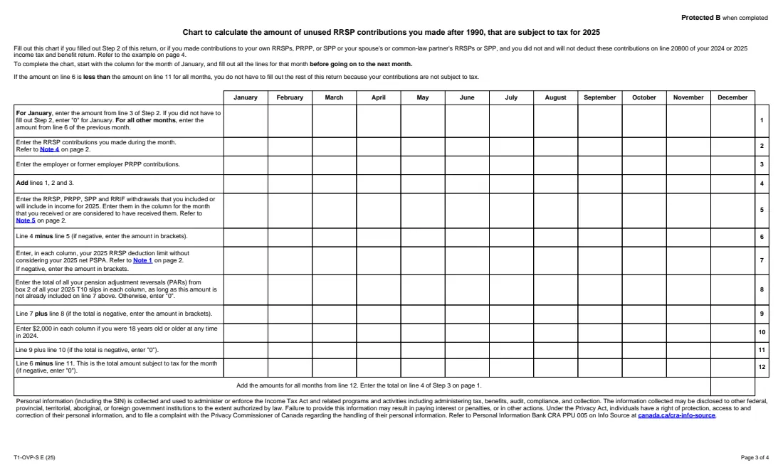 Form T1-OVP-S (2025) 2025 Simplified Individual Tax Return for RRSP, PRPP and SPP Excess Contributions — page 3 of 4