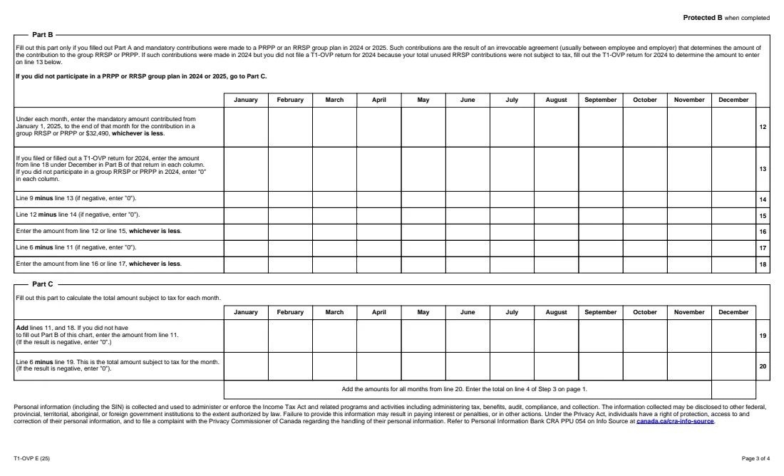 Form T1-OVP (2025) 2025 Individual Tax Return for RRSP, PRPP and SPP Excess Contributions — page 3 of 4