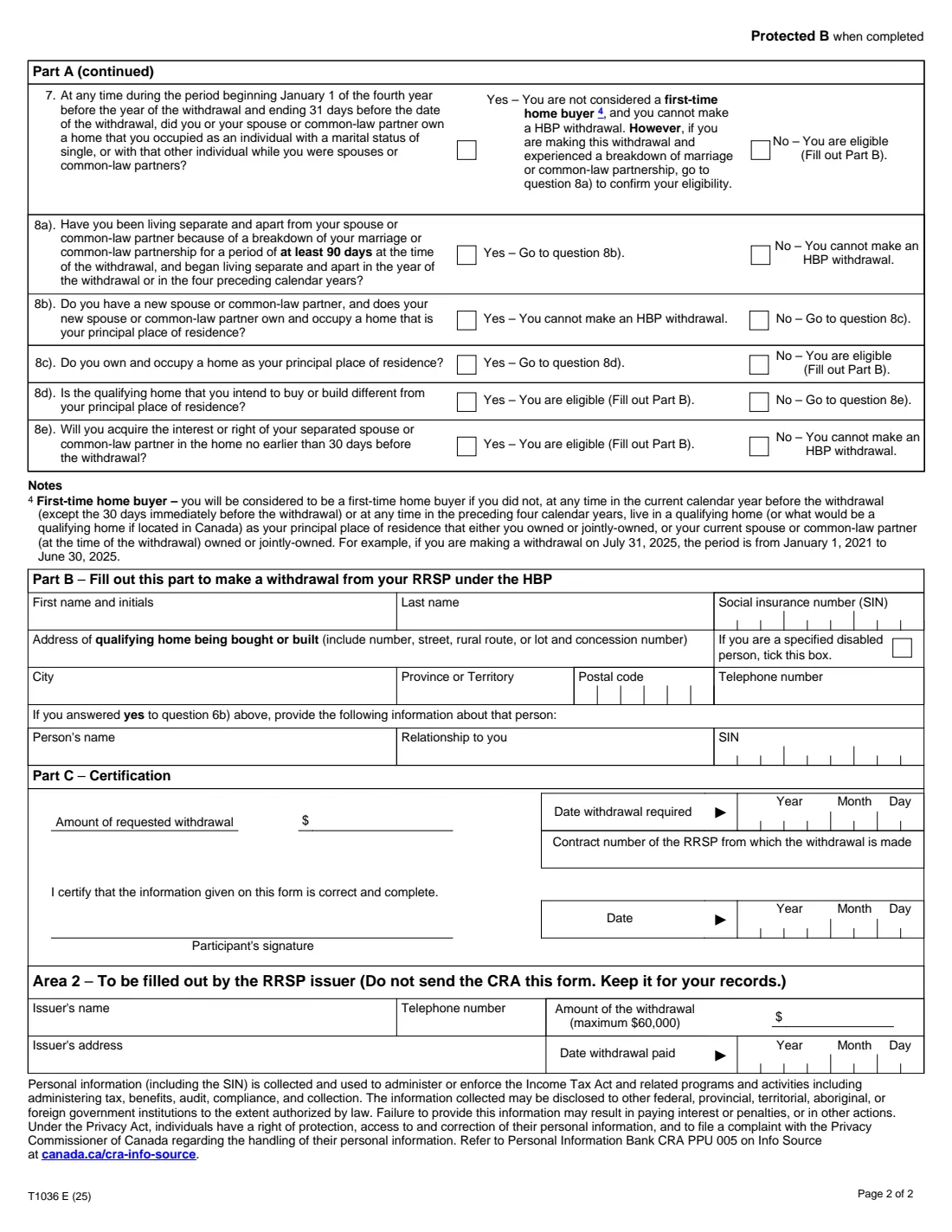 Form T1036 (2025) Home Buyers' Plan (HBP) Request to Withdraw Funds from an RRSP — page 2 of 2