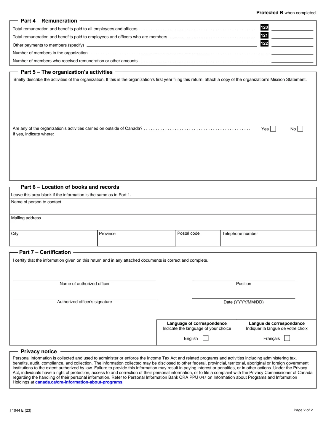 Form T1044 (2023) Non-Profit Organization (NPO) Information Return — page 2 of 2