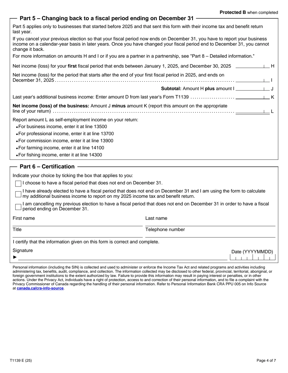 Form T1139 (2025) Reconciliation of 2025 Business Income for Tax Purposes — page 4 of 7