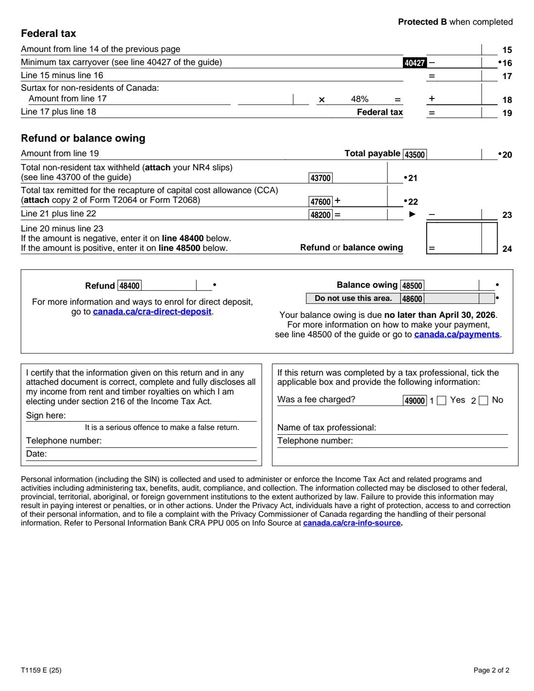 Form T1159 (2025) Income Tax Return for Electing under Section 216 — page 2 of 2