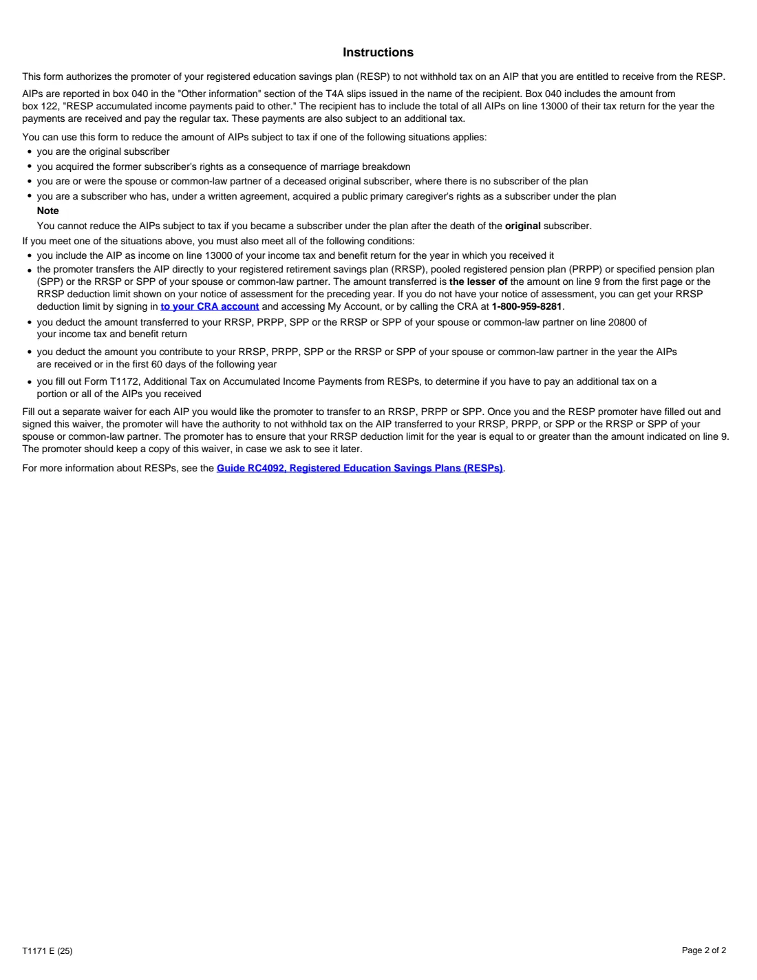 Form T1171 (2025) Tax Withholding Waiver on Accumulated Income Payments from RESPs — page 2 of 2