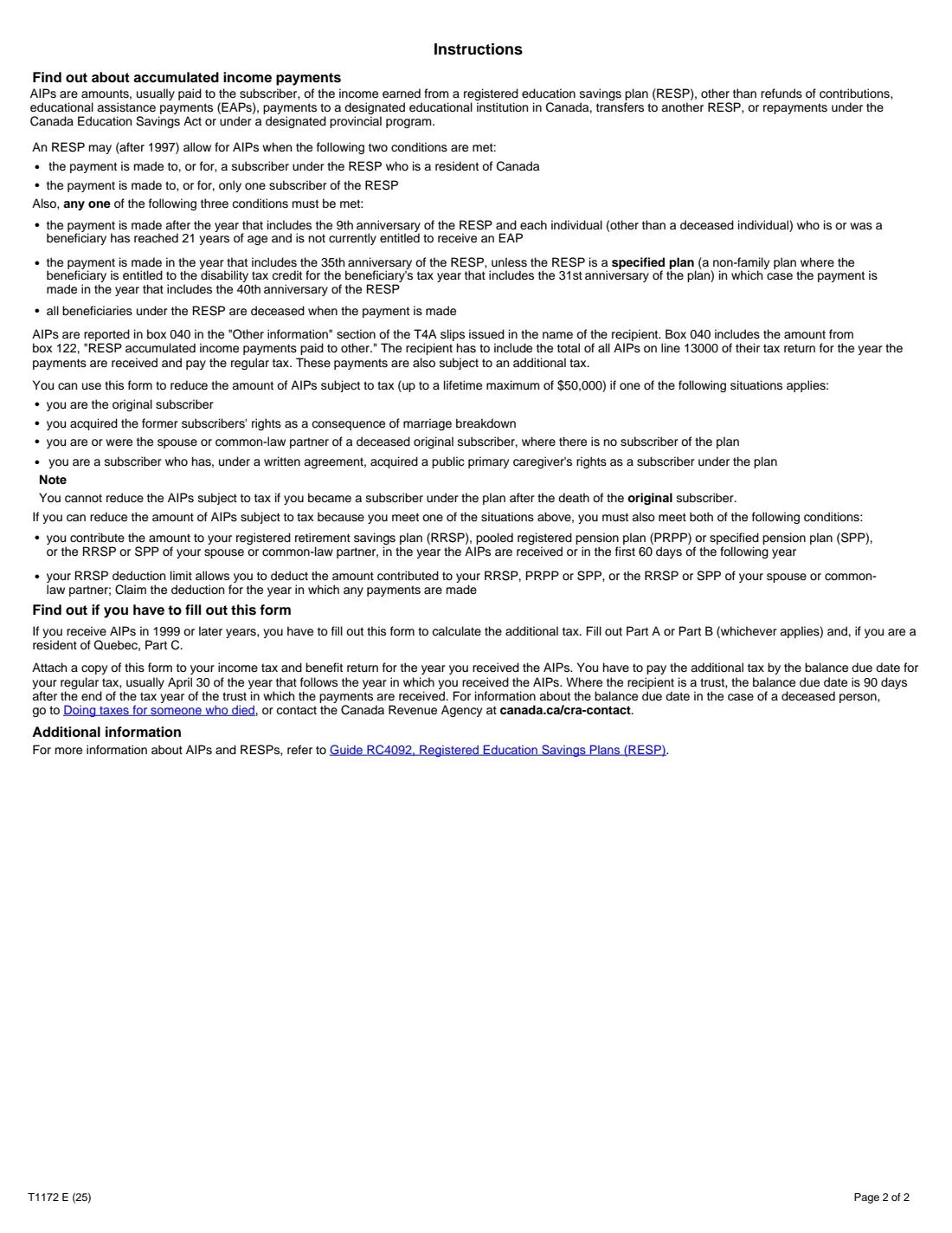 Form T1172 (2025) Additional Tax on Accumulated Income Payments from RESPs — page 2 of 2