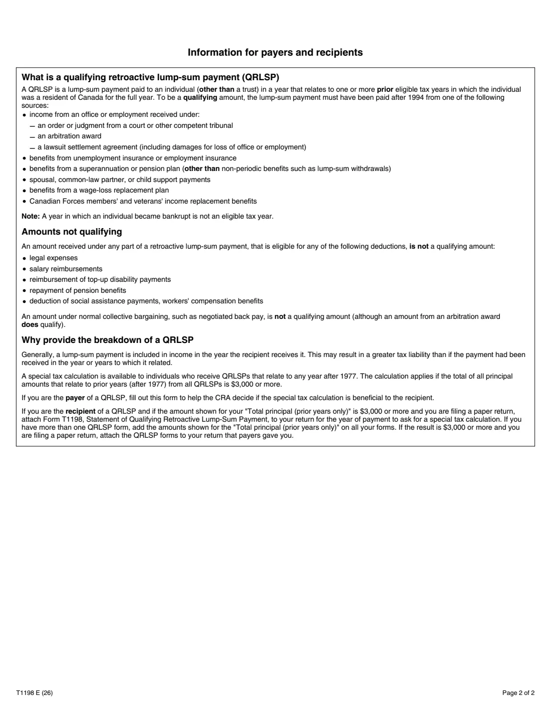 Form T1198 (2026) Statement of Qualifying Retroactive Lump-Sum Payment — page 2 of 2